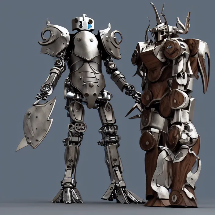 Image similar to warforged druid male anime character, wolf armor, cyborg, made of wood, made of metal, large robot, wolves, knight, medieval castle, wolf pack following, 3 d render beeple, realistic detailed octane render, pop up parade figure