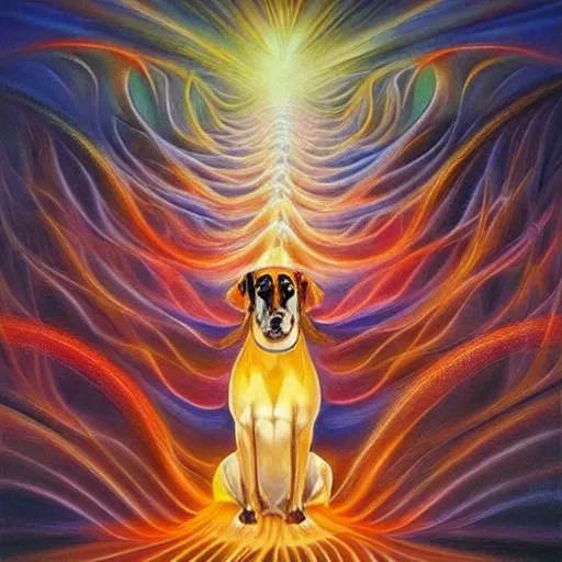 Prompt: enlightened spirit dog teacher by MICHAEL DIVINE and by AMANDA SAGE in the style of oil painting visionary art, oil painting artwork. , trending on artstation, very coherent symmetrical artwork, oil painting