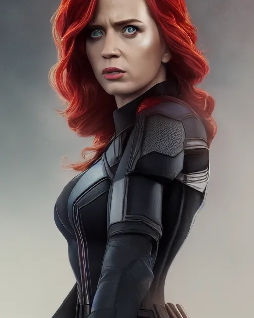 Image similar to 5 5 mm portrait photo of emily blunt as black widow. magical atmosphere. art by artgerm and greg rutkowski. highly detailed 8 k. intricate. lifelike. soft light. nikon d 8 5 0.