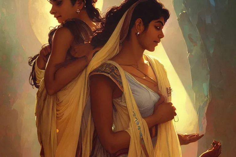 Image similar to Sensual good looking pale young Indian doctors wearing jeans in a space elevator above Earth, portrait, elegant, intricate, digital painting, artstation, concept art, smooth, sharp focus, illustration, art by artgerm and greg rutkowski and alphonse mucha