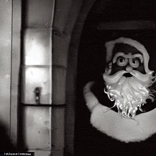 Image similar to A sinister warped evil-looking Santa Claus grinning at the camera, peeking his head from the inside of a chimney into a family living room on Christmas night, security camera footage, grainy footage, wide overhead shot, dark, night camera, hyperrealistic