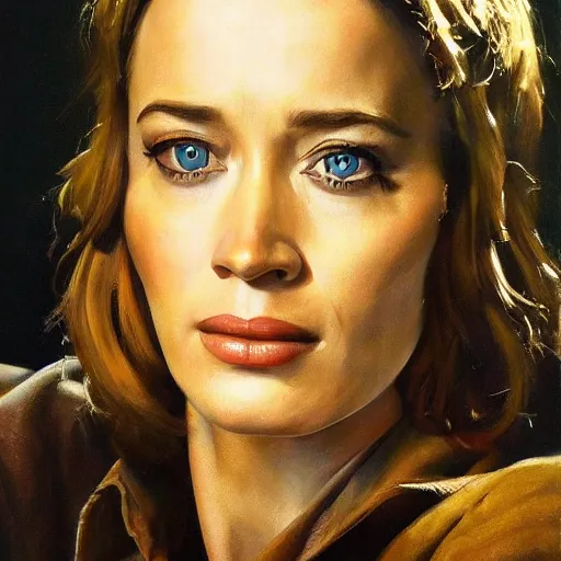 Prompt: ultra realistic portrait painting of john emily blunt as farmer, art by frank frazetta, 4 k, ultra realistic, highly detailed, epic lighting