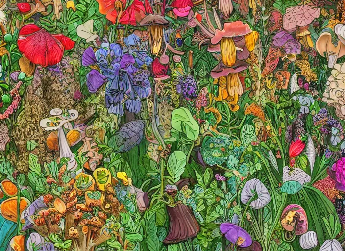 Prompt: an hyperdetailed illustration of a lot of maximalist flowers and plants and poison mushrooms, with elaborate mechanics. seen from the distance, hd matte paper background in soft natural tones.