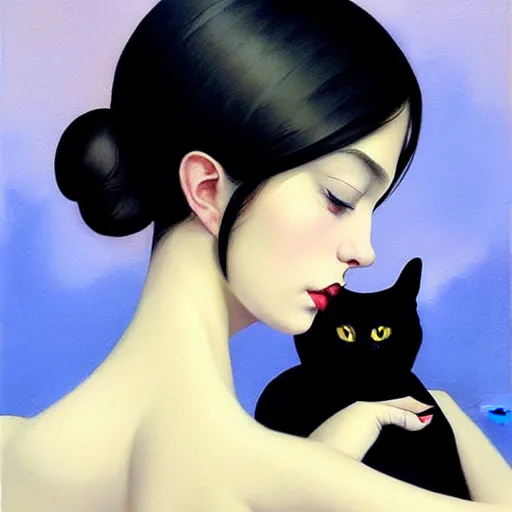 Image similar to a painting of a woman holding a cat, a photorealistic painting by tran nguyen and ilya kuvshinov, featured on deviantart, gothic art, goth, gothic, detailed painting