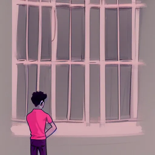 Prompt: concept art, young man in pink shirt standing by french windows, artstation