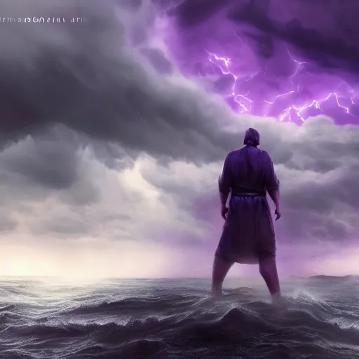 Prompt: !dream a giant man, standing over violent stormy waters, massive electrical storm clouds in epic purple sky, dark night, digital art, cinematic, hd, trending on artstation