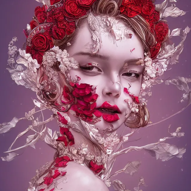 Image similar to an absurdly beautiful, elegant, young hypercolorful sensual gravure idol partially made up of rubies and red petals, ultrafine hyperrealistic detailed face illustration by kim jung gi, irakli nadar, intricate linework, sharp focus, bright colors, matte, octopath traveler, final fantasy, unreal engine highly rendered, global illumination, radiant light, intricate environment