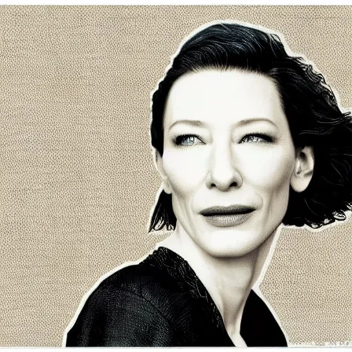 Image similar to cate blanchett in the style of japanese wood print