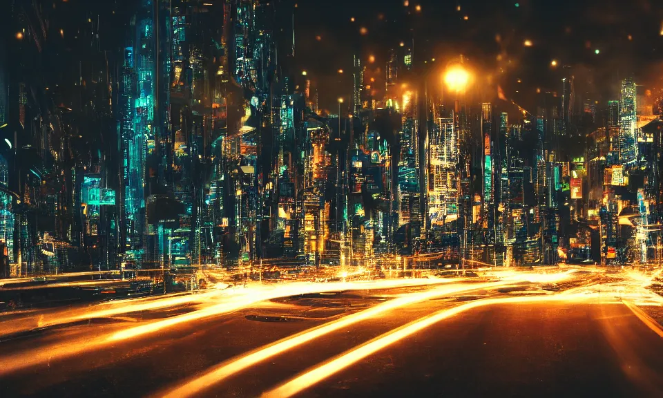 Image similar to photo of a cyberpunk city at night, long exposure photograph, light streaks, lens flare, 4k, grainy