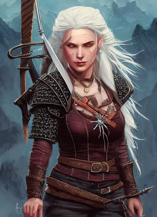 Image similar to female witcher, ultra detailed fantasy, dndbeyond, bright, colourful, realistic, dnd character portrait, full body, pathfinder, pinterest, art by ralph horsley, dnd, rpg, lotr game design fanart by concept art, behance hd, artstation, deviantart, hdr render in unreal engine 5