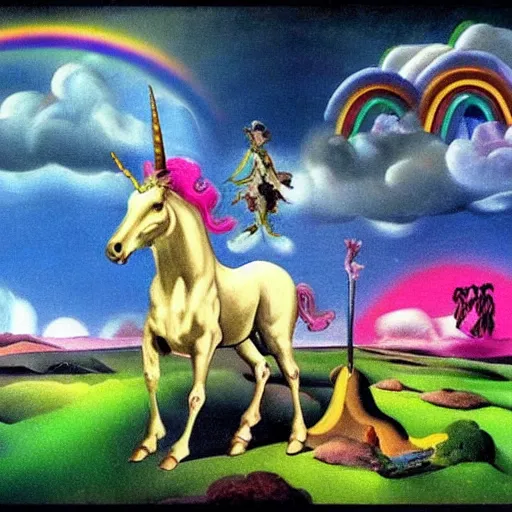 Prompt: A herd of unicorns dancing on a rave in a graveyard under a rainbow in the sky, comic by Salvador Dali