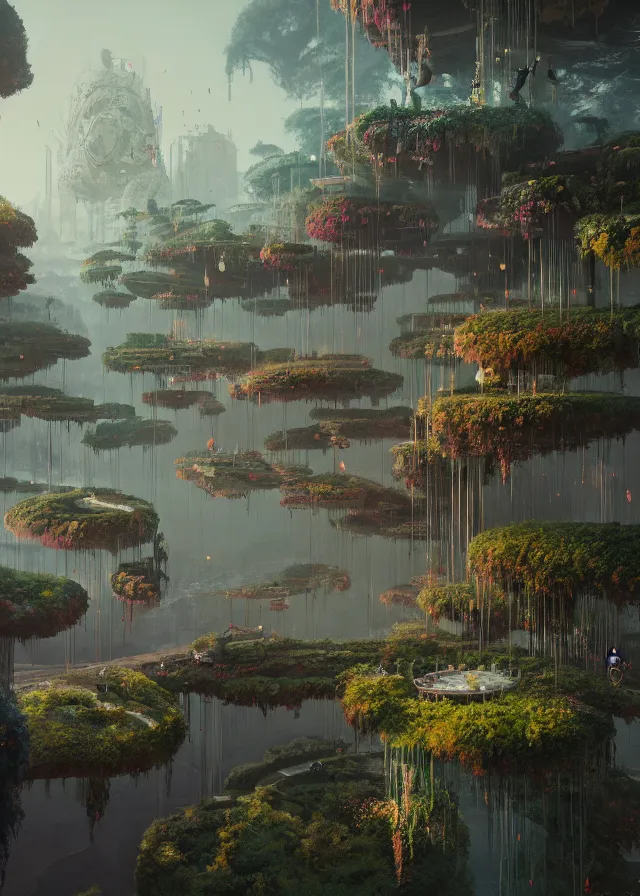 Image similar to The Empress’ hanging, swirling gardens, Jakub Kasper, Makoto Shinkai, Simon Stålenhag, matte painting, featured in artstation, dramatic lighting, octane render, cinematic, elegant, intricate, 8k