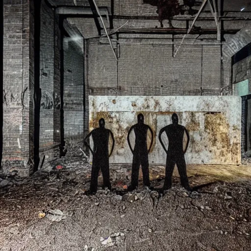 Prompt: grainy photo of three dark human figures with glowing eyes in a dark abandoned rusty factory at night taken with a camera flash