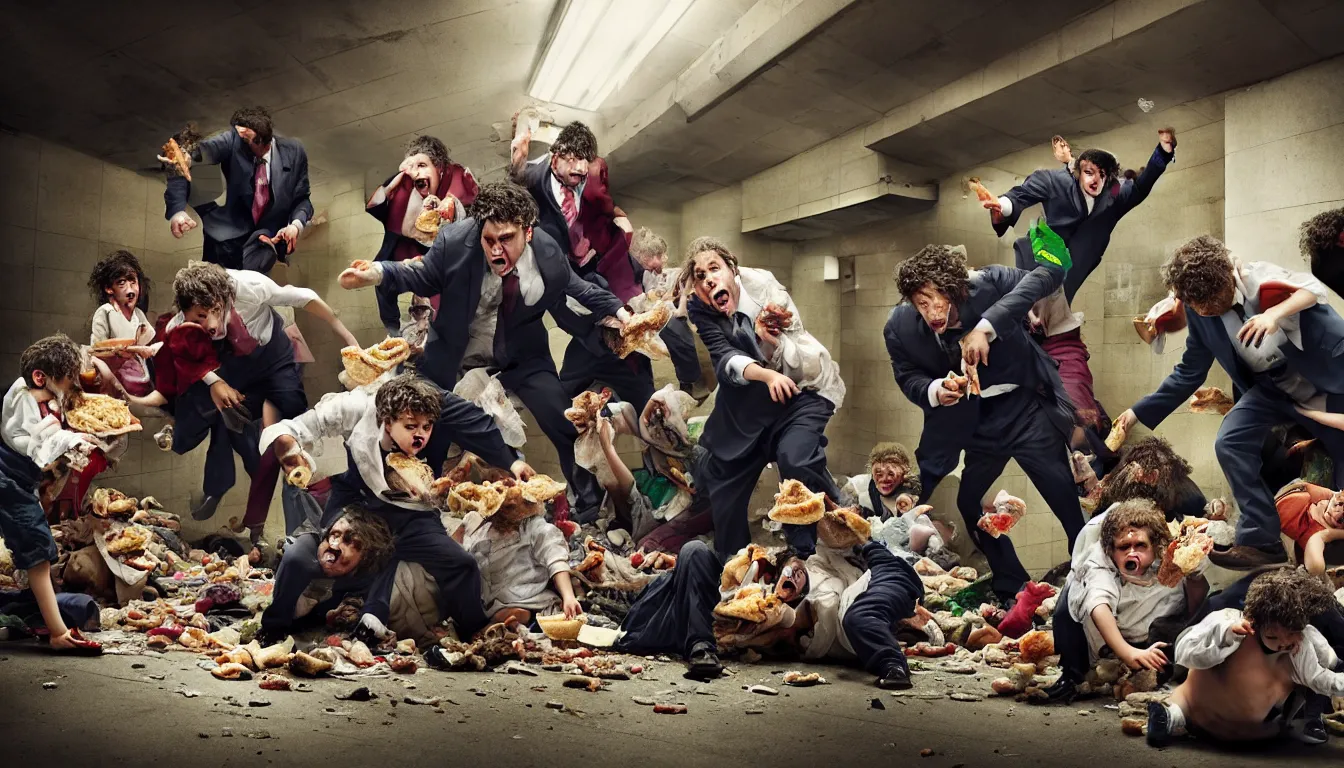 Image similar to disheveled children in rags and obese men in suits fighting in a squalid subway over piles half eaten fast food and money, hyper realistic photo, full colour, upscale, 8 k, masterpiece,