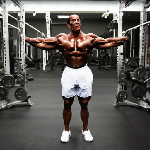 Image similar to photo of Gustavo Fring as a Bodybuilder in a gym, realistic, full body, 4k, dramatic, real