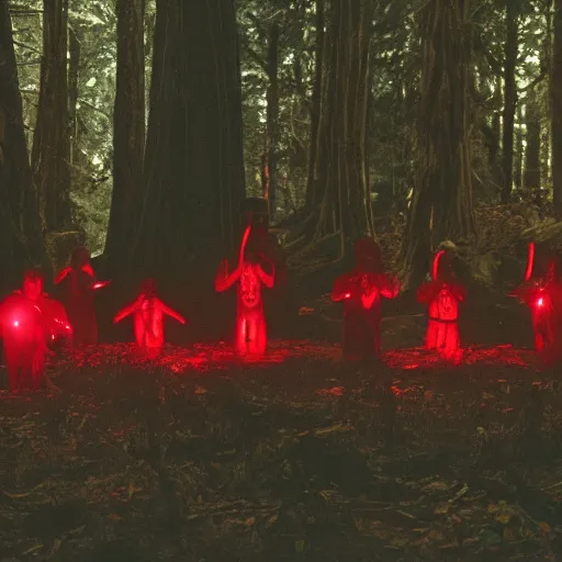 Prompt: a cult of aliens with glowing red eyes performing a séance in a haunted forest