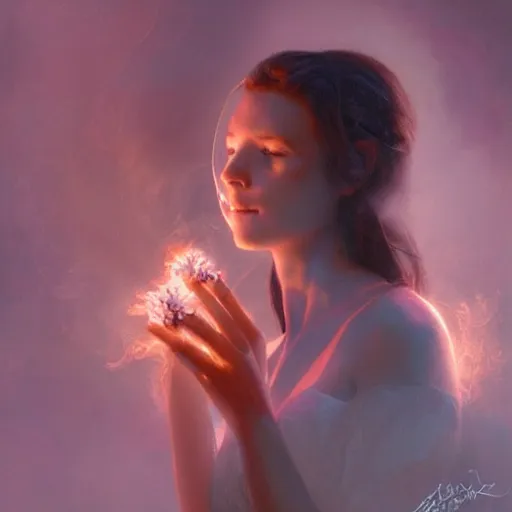 Prompt: a girl holding the flowers emissive smoke and volumetric by greg rutkowski, scott m fischer, artgerm