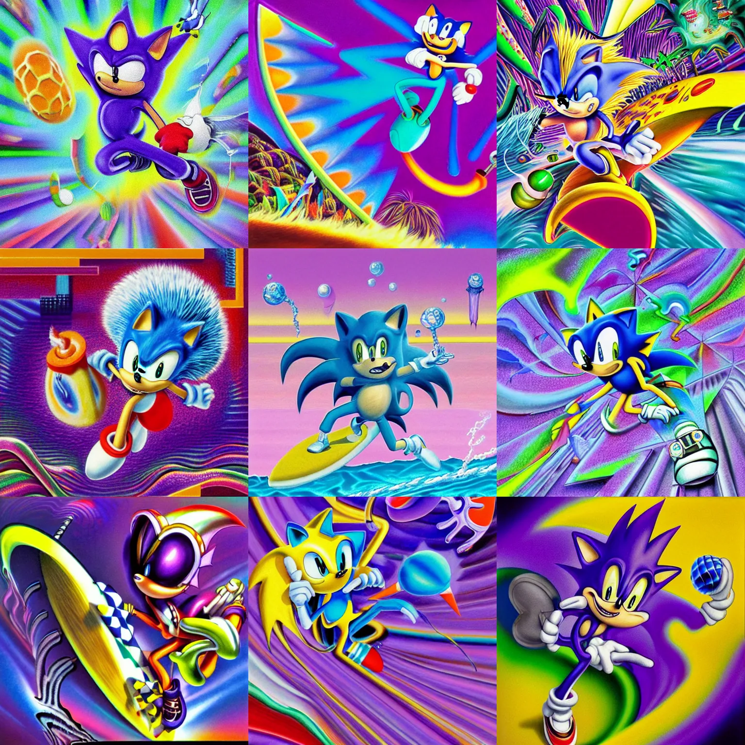 Prompt: surreal, sharp, detailed professional, soft pastels, high quality airbrush art album cover of a liquid dissolving airbrush art lsd dmt sonic the hedgehog surfing through cyberspace, purple checkerboard background, 1 9 9 0 s 1 9 9 2 sega genesis rareware video game album cover