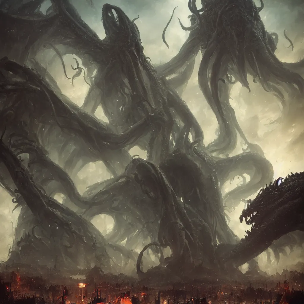 Image similar to cthulhu, huge, towering, gigantic, high octane, 8 k, digital art, magic the gathering, mtg, by greg rutkowski, trending on artstation