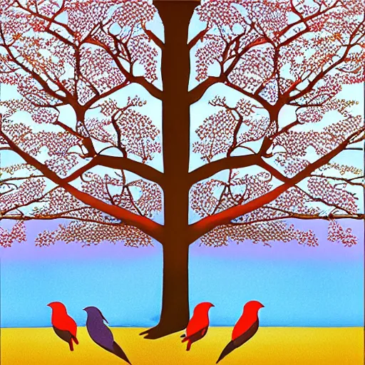 Image similar to birds on cherry tree, Changelingcore, serene, graceful, sunset photo at golden hour, Kodachrome, digital painting by M. C. Escher