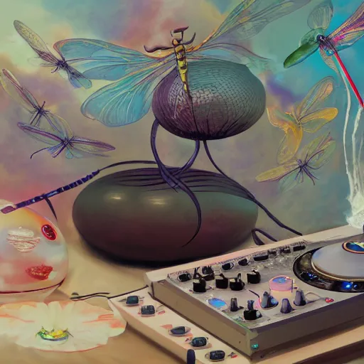 Image similar to surreal gouache painting, by yoshitaka amano, by ruan jia, by Conrad roset, by good smile company, detailed anime 3d render of big transparent resin stone in the center of the screen with a magical dragonfly inside. dragonfly inside an egg, egg on the mixer, Surrounded by a big DJ Mixer, Controller deck, portrait, cgsociety, artstation, rococo mechanical and Digital and electronic, dieselpunk atmosphere