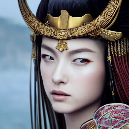 Image similar to full body portrait fashion editorial of beauty charming woman as a warrior godly princess in feudal japan making a sacrifice at the top of the Asian temple, clear makeup, clean hair, dry skin, clear skin, airbrushed, bright eye makeup, femine warrior body, photo by mario testino, 8k octane render, cinematic, hyper detailed, micro details, insanely detailed, trending on artstation, concept art, Peter Paul Rubens and Peter Mohrbacher style