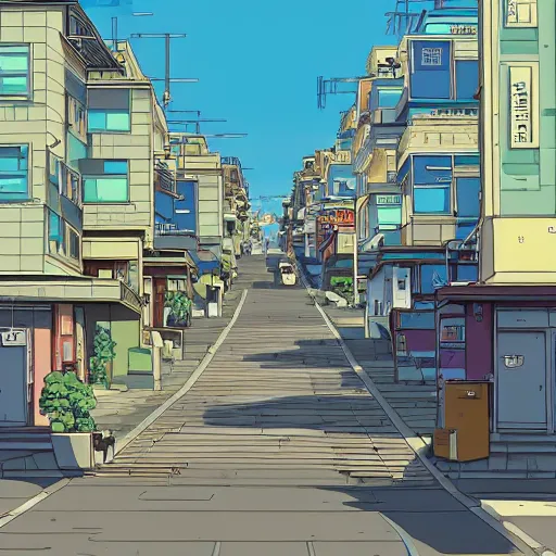 Prompt: city street, sloped street, city on tall hillside, street scene, aquamarine shading panels above street, cel - shading, 2 0 0 1 anime, flcl, jet set radio future, golden hour, japanese town, concentrated buildings, japanese neighborhood, electrical wires, cel - shaded, strong shadows, vivid hues, y 2 k aesthetic