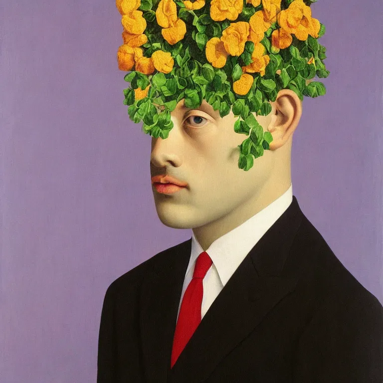 Image similar to portrait of man in a suit, his head is flowers, by rene magritte, detailed painting, hd, hq, high resolution, high detail, 4 k, 8 k