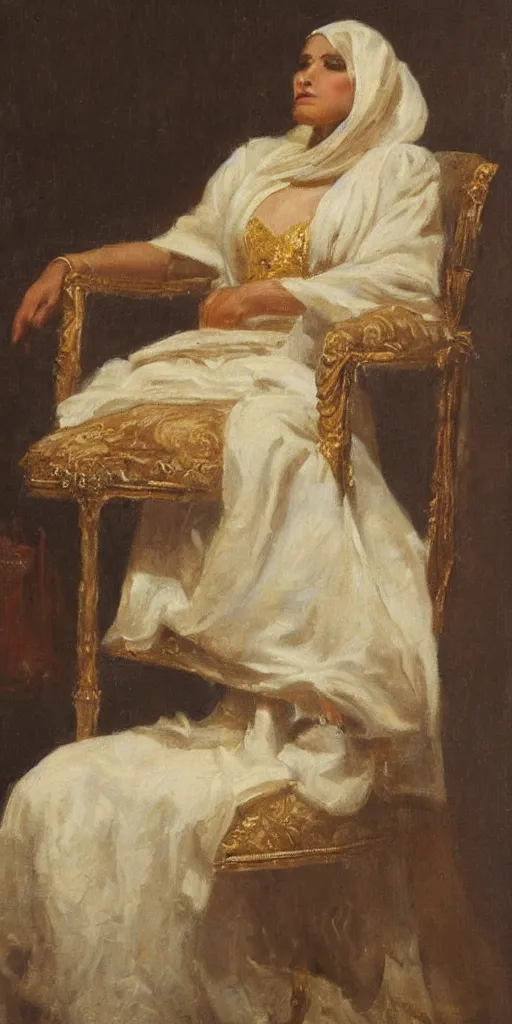 Image similar to romantic period style highly atmospheric oil painting of a middle eastern woman lounging on a chair, wearing a golden veil