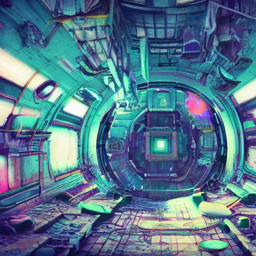 Image similar to arriving on a derelict space station, ominous, epic, wonderfully colorful, illustration, ink lines, accurate, weird, neon ink, clean, minimal, 8k, octane render