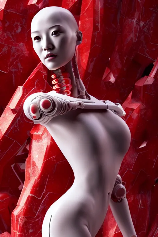 Image similar to a statue made of red marble, of an beautiful chinese girl, full body shot, perfect body, white biomechanical, inflateble shapes, wearing epic bionic cyborg implants, masterpiece, intricate, biopunk futuristic wardrobe, vogue, highly detailed, artstation, concept art, background galaxy, cyberpunk, octane render