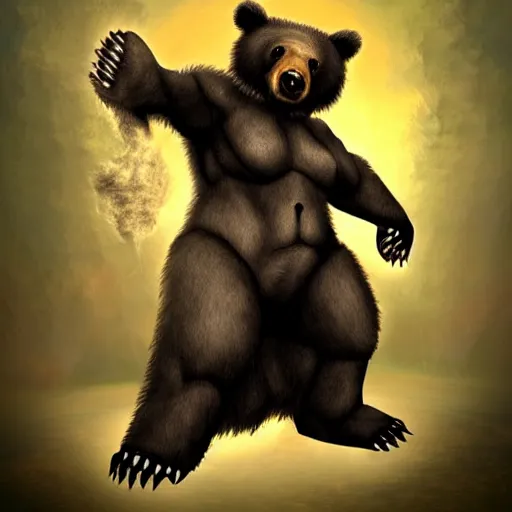 Prompt: fantasy digital art of a menacing bear with human hands.