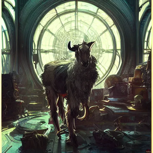 Prompt: a wicked old Goat, surrounded by Computers, D&D, fantasy, intricate, cinematic lighting, highly detailed, digital painting, artstation, concept art, smooth, sharp focus, illustration, art by Artgerm and Greg Rutkowski and Alphonse Mucha