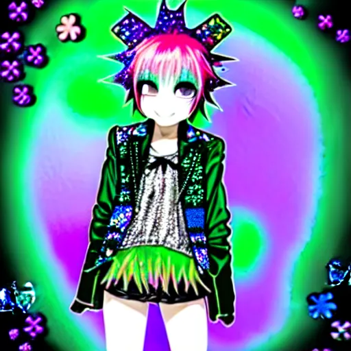 Prompt: a hologram of decora styled green haired yotsuba koiwai wearing a gothic spiked jacket, background full of lucky clovers and shinning stars, holography, irridescent, baroque visual kei decora art