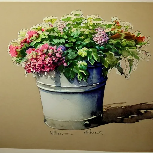 Prompt: a beautifull intricate watercolor painting of potted planter with flowers inside sitting on wet sidewalk, reflexions, high details by william turner art