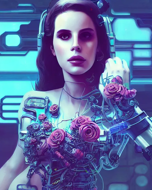 Image similar to portrait of lana del rey as a cyberpunk cyborg. roses, sci - fi, intricate abstract upper body intricate artwork, by tooth wu, wlop, beeple, dan mumford. concept art, octane render, deviantart, greg rutkowski, cinematic arthouse, key art, hyper realism, iridescent accents