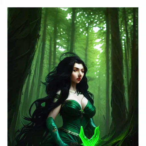 Image similar to wide angle, rogue, green black blue color palette, focused, forest, female, d & d, fantasy, intricate, elegant, highly detailed, long jet black hair, digital painting, artstation, octane render, concept art, matte, sharp focus, illustration, hearthstone, art by artgerm, alphonse mucha johannes voss