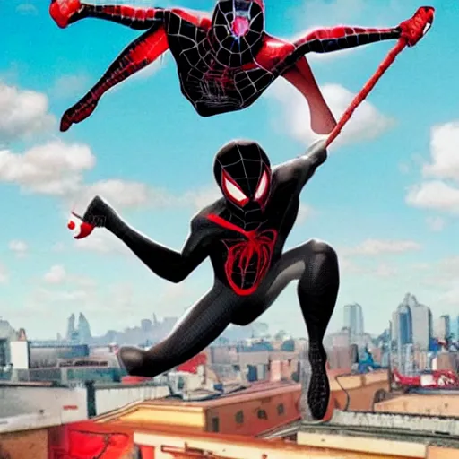 Image similar to miles morales learning how to swing on webs