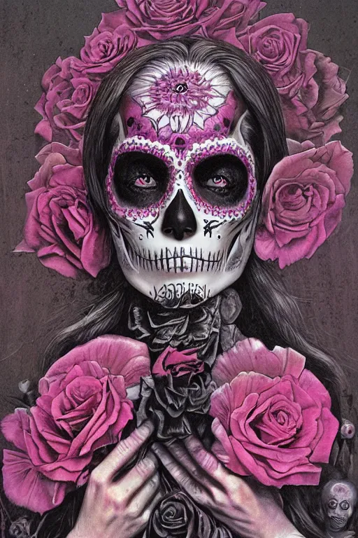 Prompt: Illustration of a sugar skull day of the dead girl, art by wayne barlowe