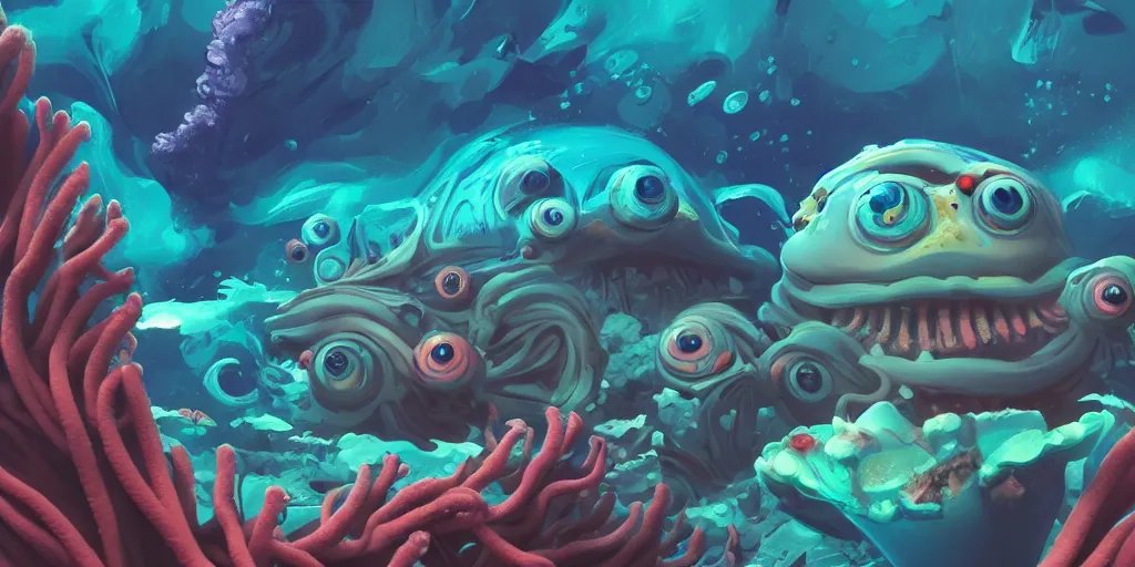 Image similar to of a colorful cloudy deep sea under water with strange cute friendly happy creatures with huge eyes, mouth, long tongue and round teeth appearing from sandy coral, in the style of gehry and gaudi, macro lens, shallow depth of field, highly detailed, digital painting, trending artstation, concept art, illustration, cinematic lighting, photorealism, epic, octane render