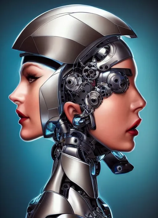 Prompt: portrait of a cyborg woman who turns her head to the ((((((right))))) left+3500 (((((up))))) (((((down))))) by Artgerm,eyes closed , biomechanical, hyper detailled, trending on artstation