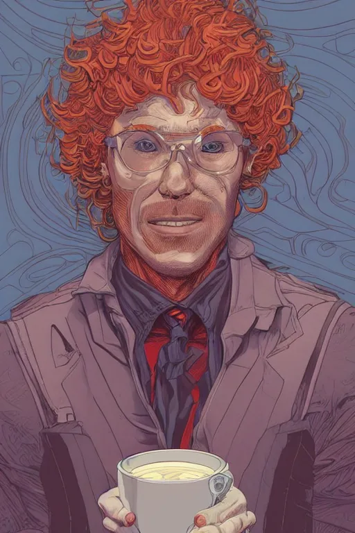 Prompt: 1 9 8 9 portrait of a red head man serving coffee. highly detailed masterpiece art by josan gonzalez.