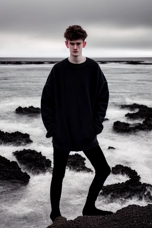 Prompt: high quality pastel coloured film mid angle docu photograph of a beautiful young 2 0 year old male, soft features, short black hair, oversized clothing, in icelandic black rock pool environment. atmospheric. three point light. photographic. art directed. ( pastel colours ). volumetric light. clearcoat. waves glitch. 8 k. filmic.