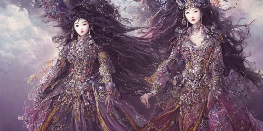 Image similar to an concept art of the korean queen surrounded by magic guards, long hair, makeup, intricate details, detailed face, detailed dress, one face, artstation, epic pose, colourful light, by kentaro miura and vasnetsov