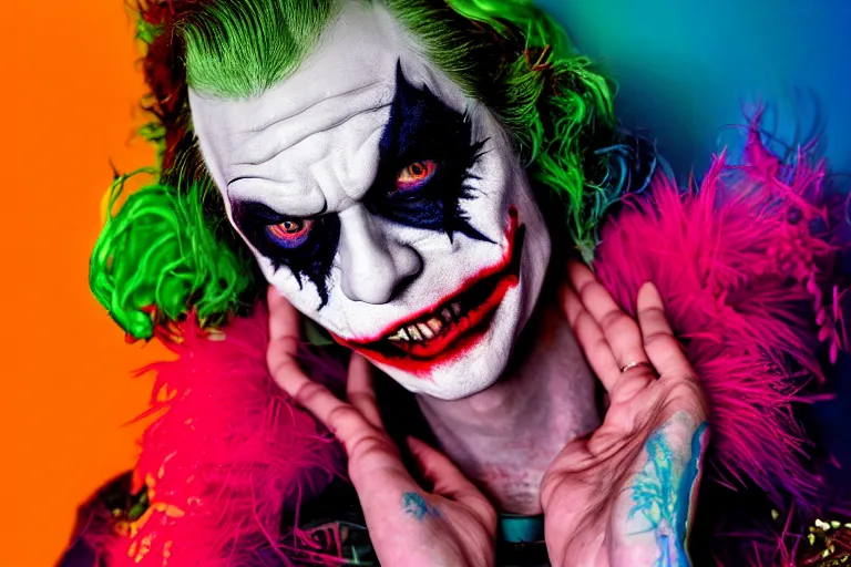 Image similar to 35mm color, illegal rave, portrait of Joker, fashion shoot, freak show, hyperdetailed, photorealistic, interesting, by David la chapelle and les edwards and david cronenberg and WETA digital, ID magazine, octane rendering, cinematic, hyperrealism, octane rendering, 8k, depth of field, bokeh.