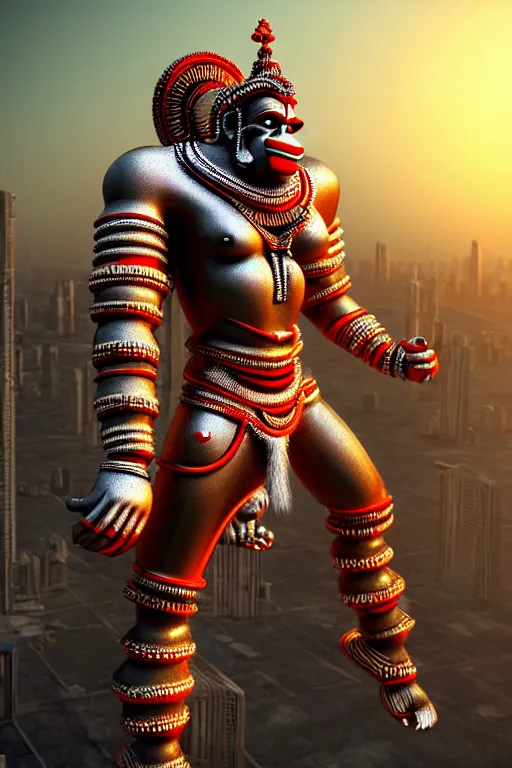 Image similar to high quality 3 d render cyborg hanuman! madhubani, highly detailed, cyberpunk!! mumbai in the background, unreal engine cinematic smooth, szukalski ravi varma, moody light, low angle, uhd 8 k, sharp focus