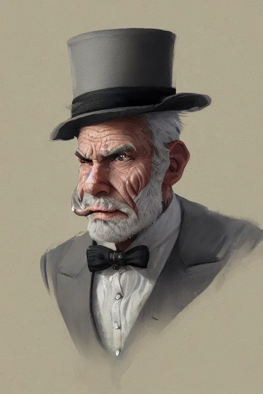 Prompt: a grey hair ageing halfling short with stubble top hat and suit by Greg Rutkowski, painting, HD, high details, trending on artstation