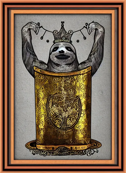 Image similar to sloth as the king of cups, copper cup, coper crown, poster framed, intricate details, medieval art style, high contrast, posterized