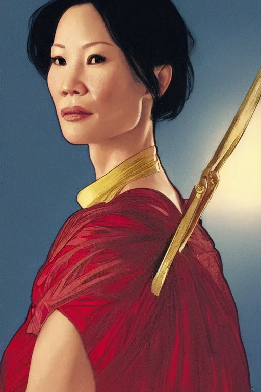 Prompt: a close-up portrait of Lucy Liu in red and gold dress holding a sword, dramatic backlighting, golden hour, autochrome, high contrast, highly detailed, sharp focus, digital painting, concept art, illustration, filmpunk , trending on artstation, art by greg rutkowski and greg hildebrandt, composition by alphonse mucha