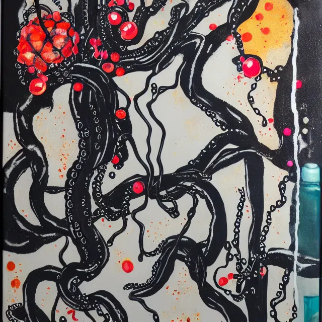 Prompt: black drips, portrait of a female art student, scientific glassware, oscilloscope, x - ray, sensual, sweet almost oil, almond blossom, squashed berries dripping, octopus, candlelight, neo - impressionist, surrealism, acrylic and spray paint and oilstick on canvas